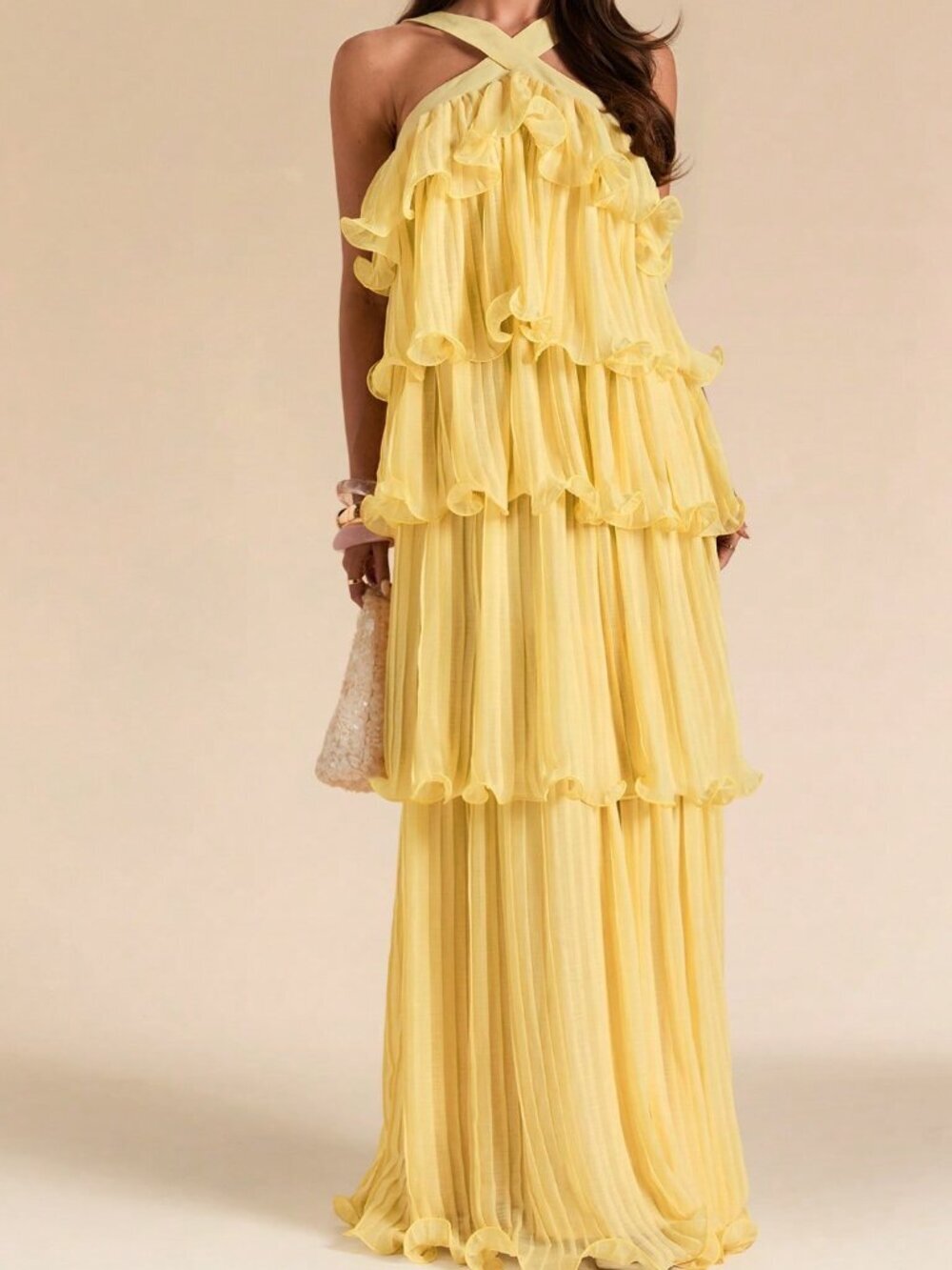 Light Yellow Sexy Women's Long Wide Ruffle Pleated Halter Neck Backless Dress - Picture 3 of 6